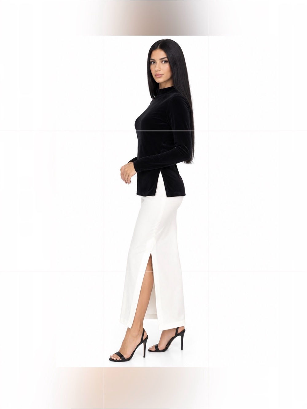 Sleek Velvet Top Long Sleeve Mock Neck Simplest Black Minimalist Quilt Side Slit